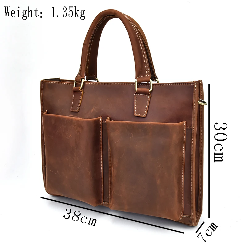 Tas kulit kuda gila vintage pria, tote kerja kulit sapi cokelat Laptop 14 ", tas bahu bisnis A4 cokelat