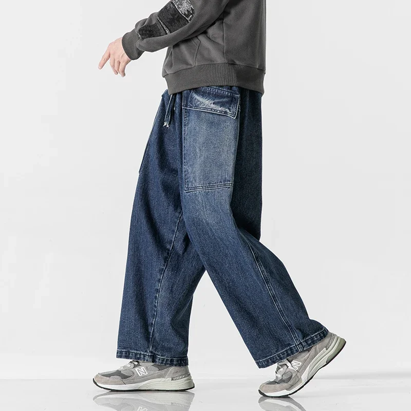 

Pop 2025 Men Straight Denim Pants Men Blue Jeans Loose Trousers Male Causal Oversize Wide Leg Pants Elastic Waist Black Jeans