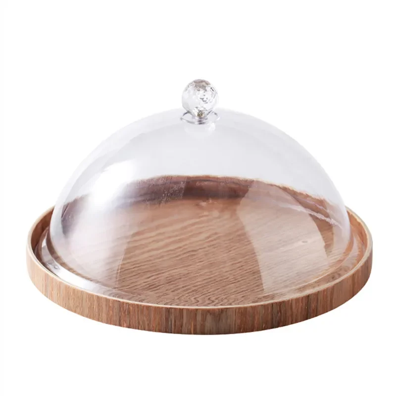 

Wooden Cake Pan with Plastic Cover Serving Tray Gourmet Dessert Display Tasting Plate Nordic Style Home Kitchen Cutlery
