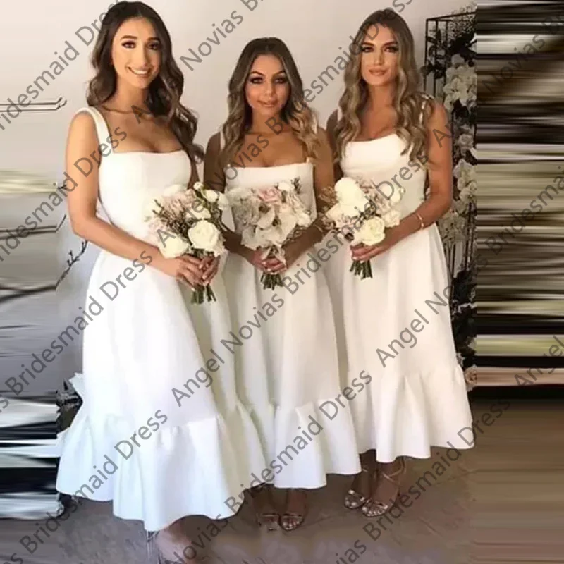 فساتين وصيفة الشرف بيضاء بطول الكاحل مع أشرطة مخصصة لحفلات الزفاف من فيستدوس دي فييستا أنيقة #1