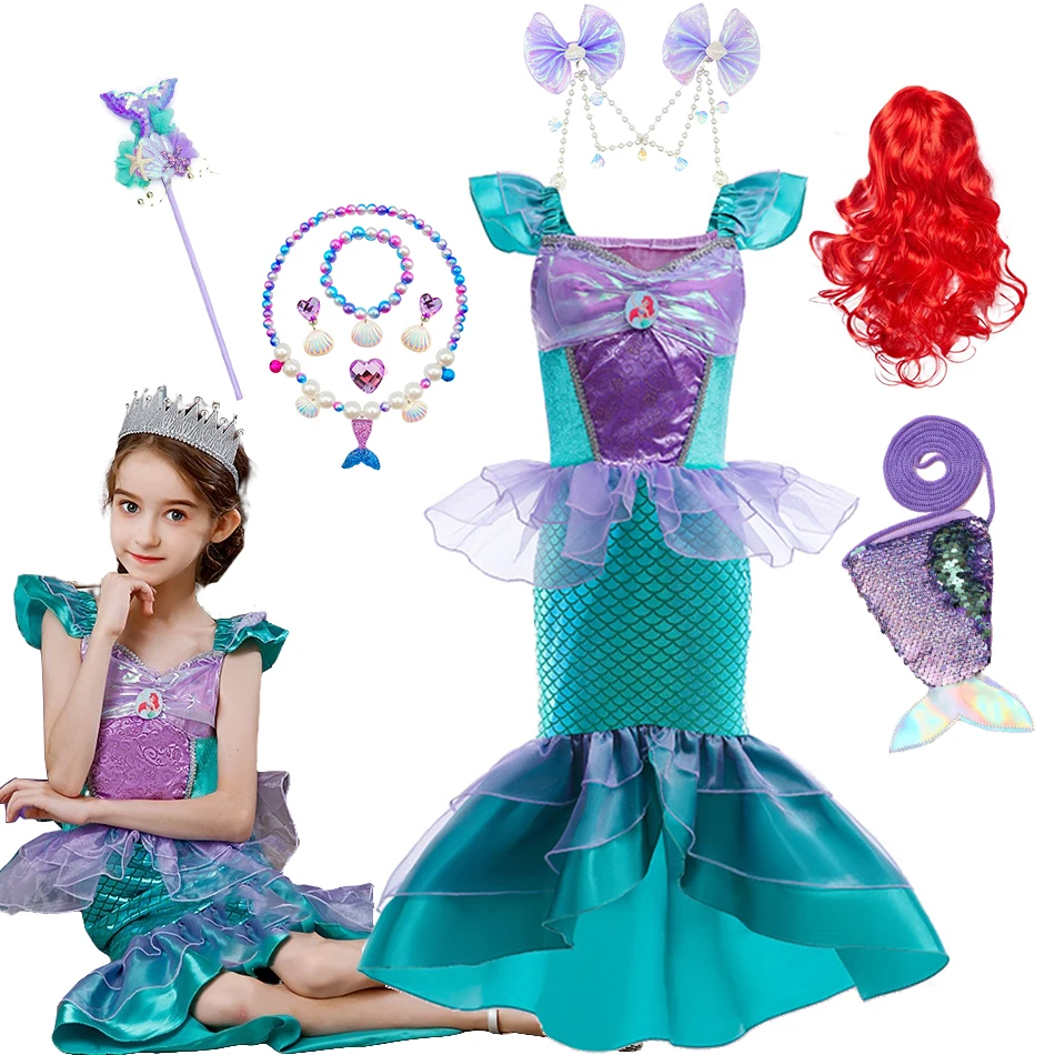 The Little Mermaid Dress For Girls Disney Princess Ariel Cosplay Costume Children Ruffles Tulle Frock Kid Halloween Party Outfit