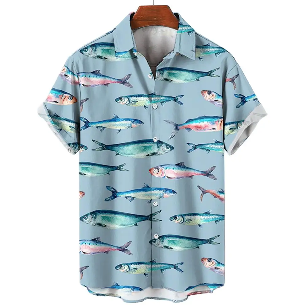 Men\'s Hawaiian Shirts 3D Print Fish Graphics Fashion Button Short Sleeve Lapel Streetwear Hawaiian Blouse shirts for men Summer