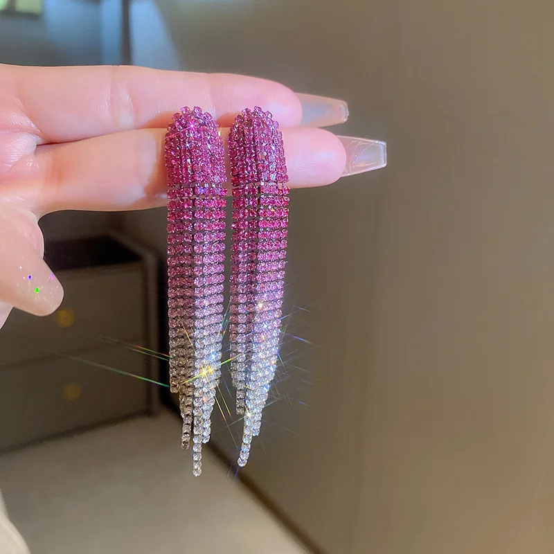 Shiny Rainbow Color Crystal Earrings for Women Long Tassel Pink Rhinestone Dangle Earrings Ladies Bride Weddings Jewelry