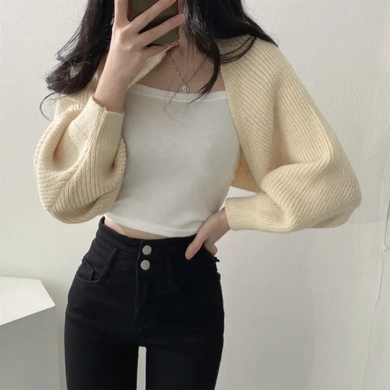 Clearance Lantern Sleeve Sweater Cowl Coat Women's Cardigan Bishop Sleeve Autumn Versatile Sweater Ultra Short Fashionable Top