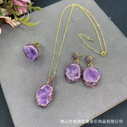 Natural Brazilian amethyst rough stone jewelry set clay inlaid jewelry medieval original design niche hot-selling models
