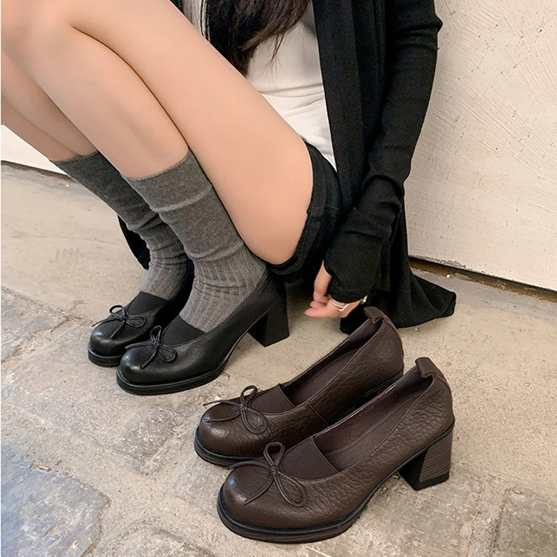 

Women's New Spring and Autumn Genuine Leather Sheepskin Round Headed Bow High Heels Thick Bottom Style Fashion Single Shoes