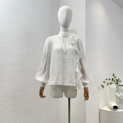 Linen Silk 2024 New Women Fashion Clothing White Long Sleeve Flowers Appliqued Ruffle Turtleneck Blouse Tops