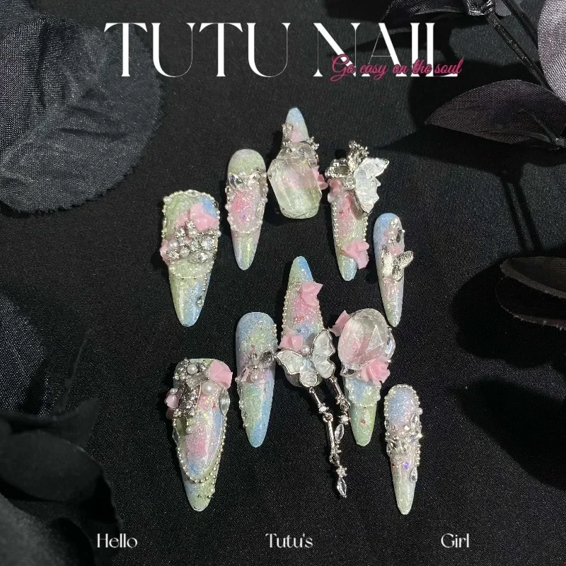 [Relic of Spring] Handmade Wear Nail Removable Nail Art Luxury Super Long T-Tip Green Pink Butterfly