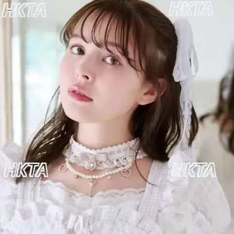 Handmade Japanese Sweet Cute Lolita Necklace Women Girls Lolita Lace Pearl Bow Ruffle Choker Necklace Fashion Clothes Accessory
