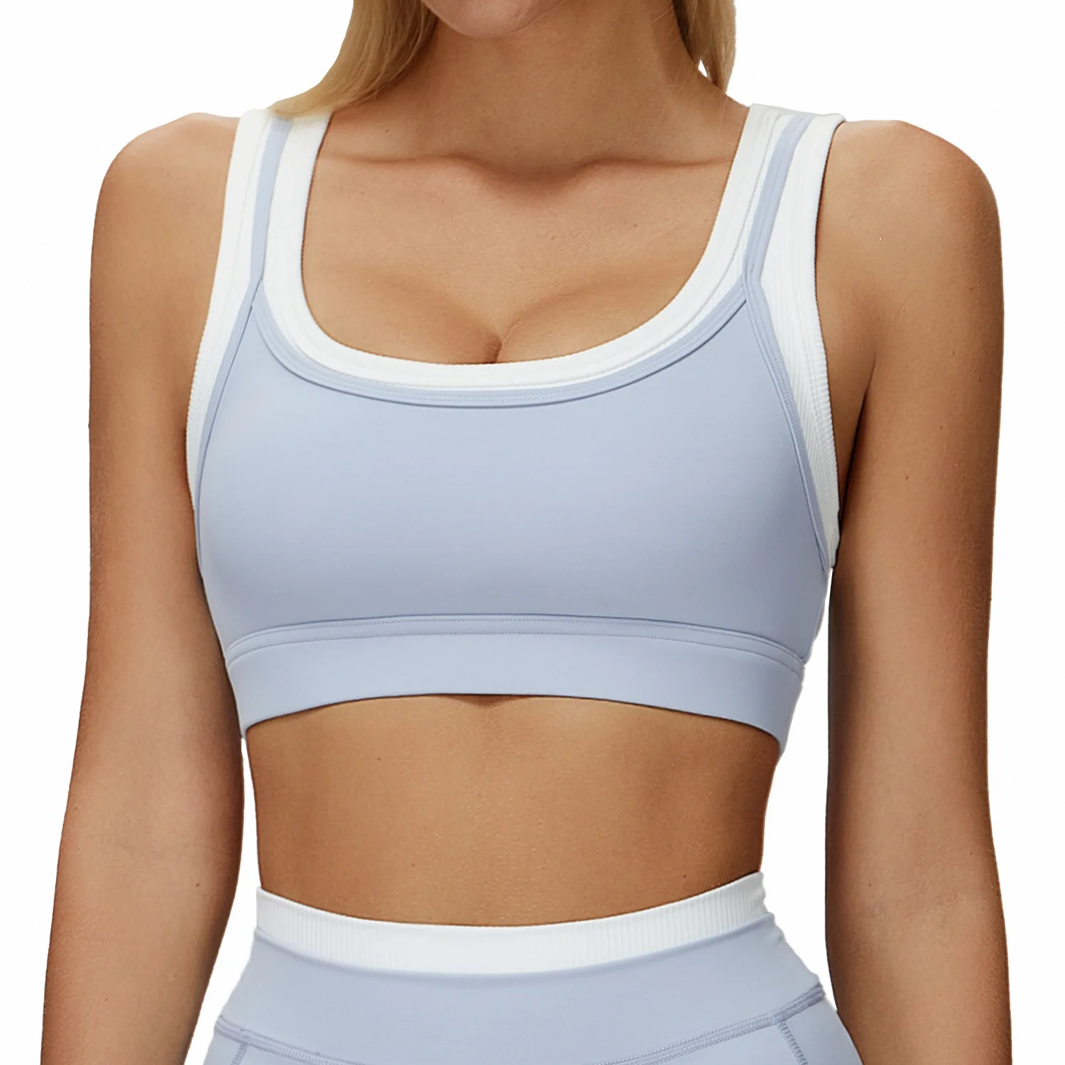 

Maxdutti Naked Fake Two Piece Sports Underwear Thread Contrast Yoga Bra Running Fitness Sports Underwear