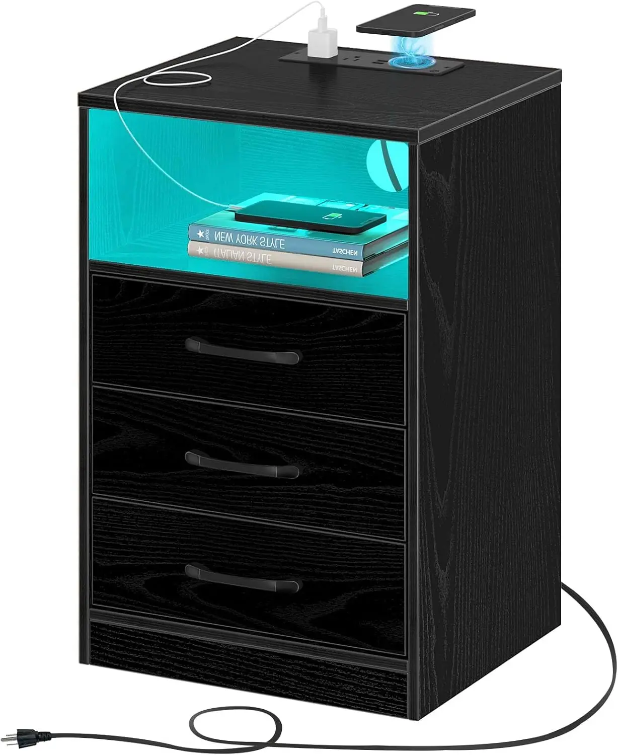 

Nightstand with Wireless Charging Station and LED Lights, Modern End Side Table with 3 Drawers and Open Compartment for Bedroom,