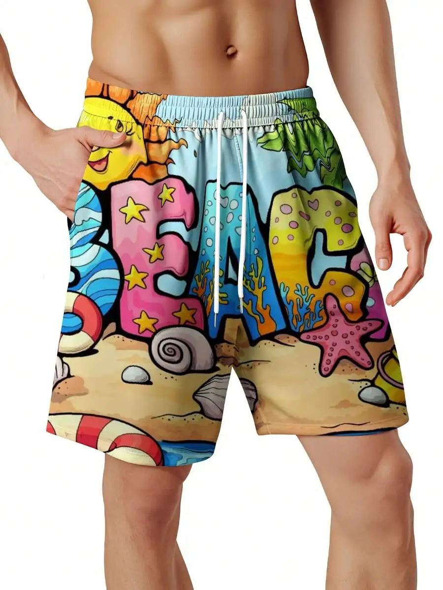 

Mens Beach Board Shorts With Colorful Ocean Print Palm Tree Sun Sea Life Pattern