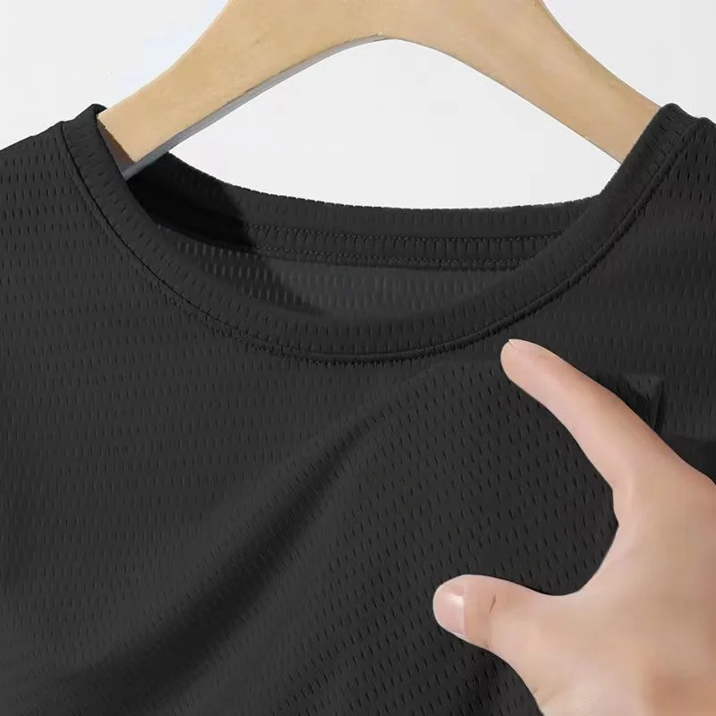 Mesh Ice Silk Men Summer T Shirts Solid Color Breathable Quick Drying Fitness Sports Running Tops Shirts For Men image 6