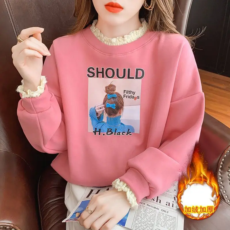 2025 Women's Hoodies Korean Style Autumn Winter Lace Patchwork Fleece Hoodie Female Pullovers Tops Student Casual Sweatshirt