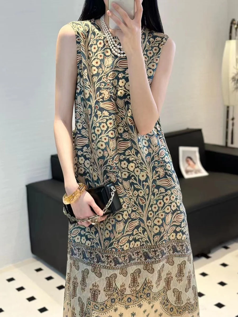 Bohemian pure silk belt fitted printed sleeveless summer dress