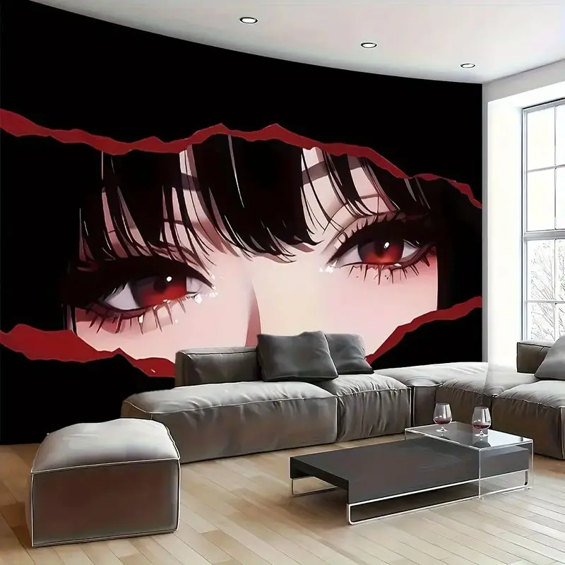 VIKAMA Anime Red Eye Torn Ripped Wall Tapestry Black Background Manga Female Closeup Dark Aesthetic Bedroom Living Room Dorm