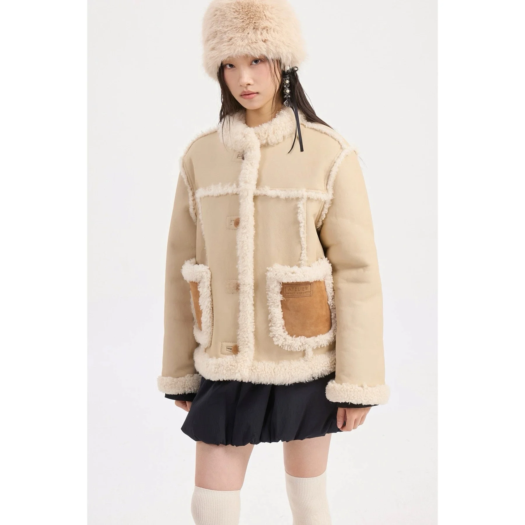 

Lemon Cheese LUC25 Winter Faion round Ne Lamb Fur Splicing Warm Coat Ele Sle Women's ort Outerwear Commute Wind