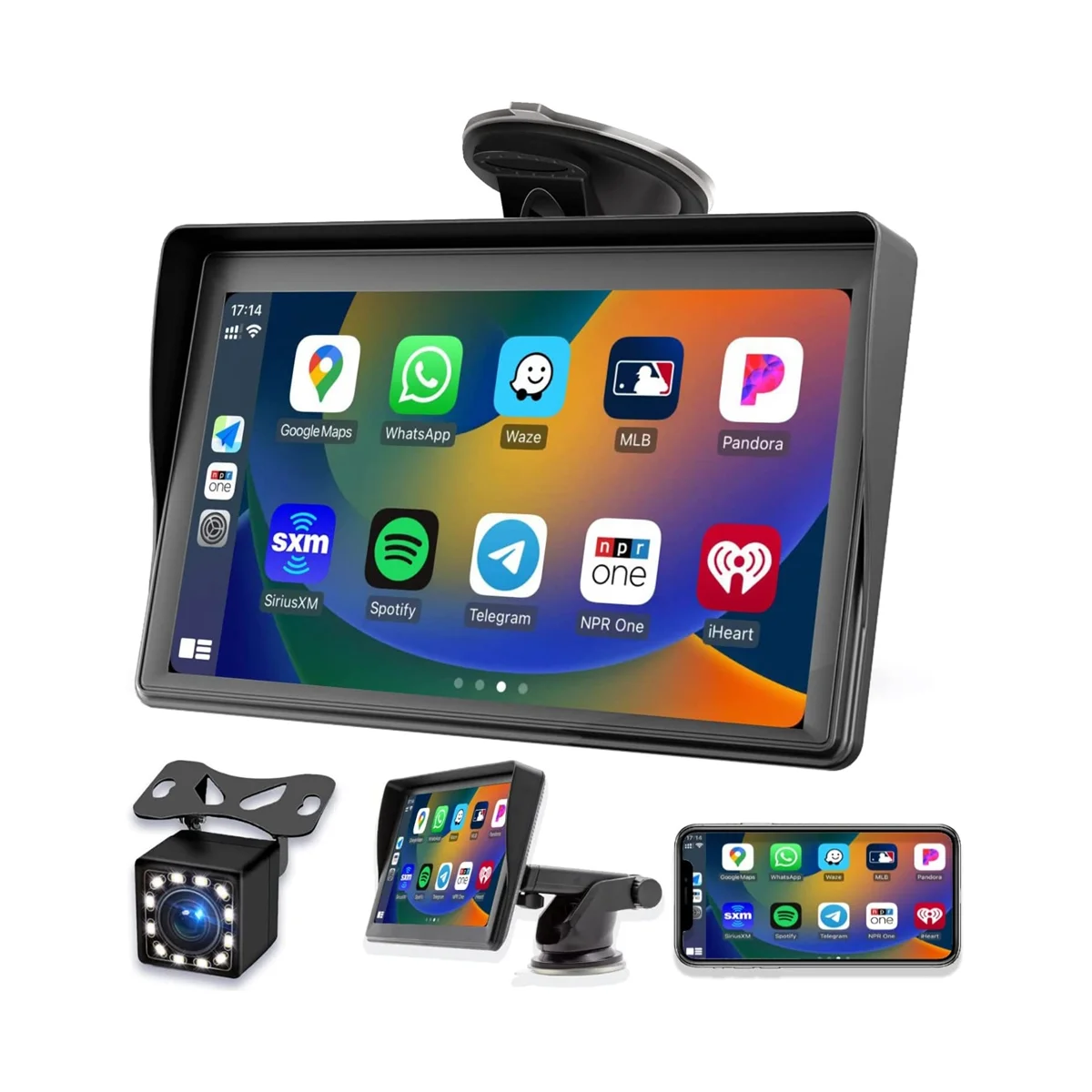 Portable Dash Mount Carplay Display 7In Touch Screen, GPS Navigatin,Bluetooth Car Stereo Radio, Backup Camera, FM Radio