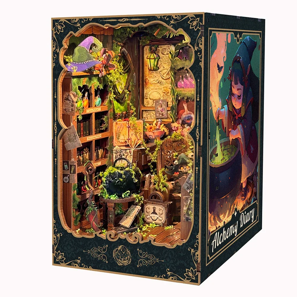 Alchemy Diary Figurines DIY Wooden Book Nook Miniatures Bookend Handmade Bookshelf With Light for Friends Gift Home Decor Crafts