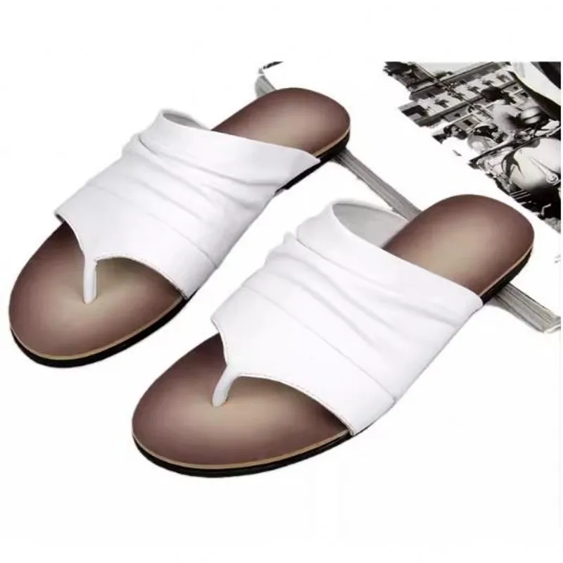 White Black Genuine Leather Mens Flip Flops Summer Beach Slippers Sandals Shoes