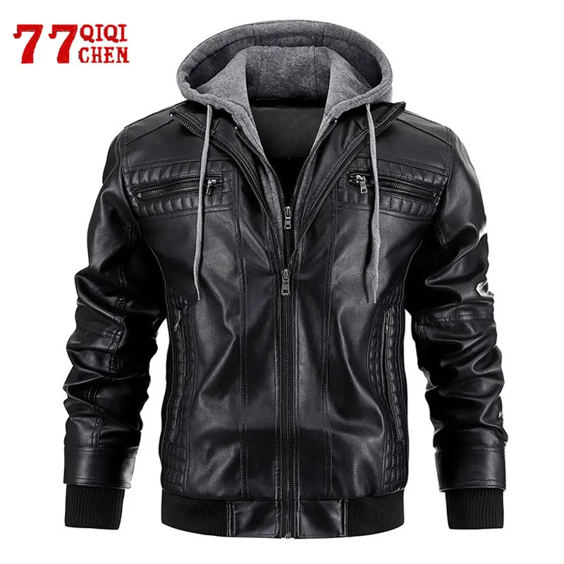 Veste en similicuir à capuche vintage pour hommes, vestes de motard de moto Smile, manteau décontracté à col montant, mode automne, faux 2 pièces