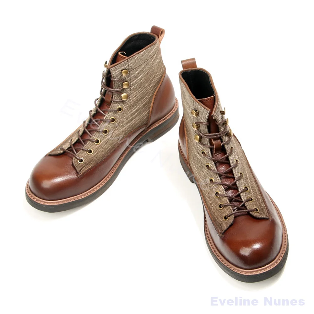 Brown Leather Linen Canvas Ankle Boots Men Round Toe Lace Up Anti Slip Rubber High Top Boots Casual Outdoor Hiking Work Boots