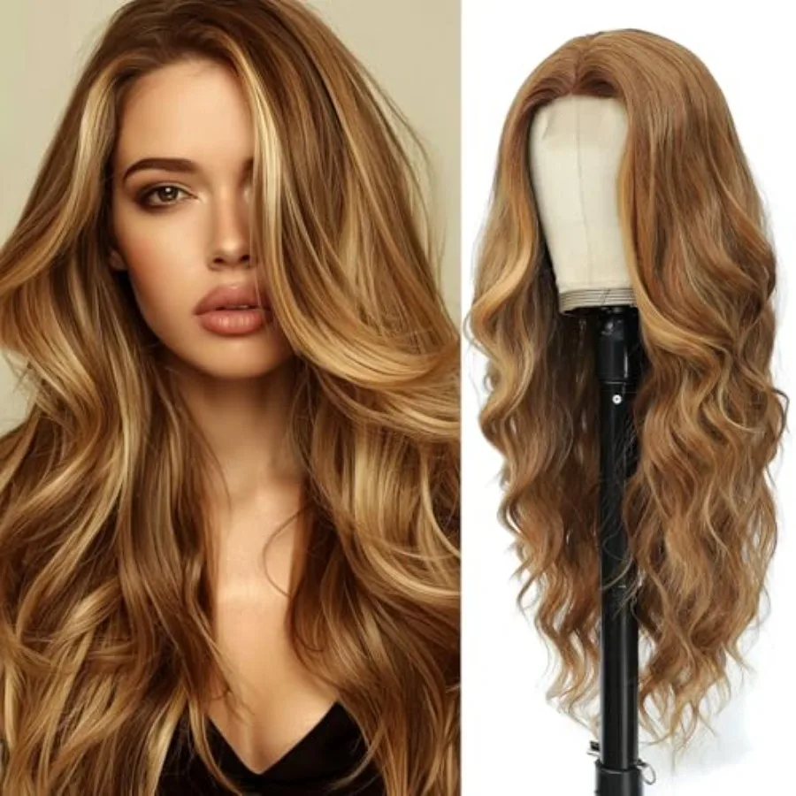 Lange braune gemischte blonde Perücken für Frauen mit natürlichen Highlights, Mittelteil, synthetisches lockiges Haar, Ersatzperücken für den täglichen Gebrauch