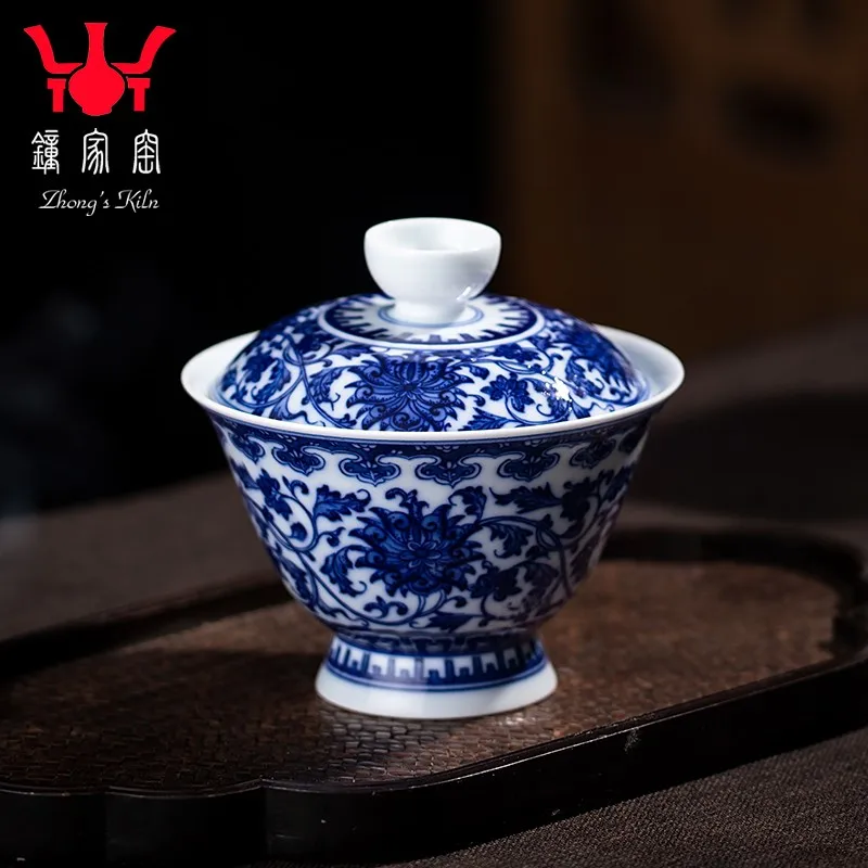 Zhongjia Kiln Cover Teacup Jingdezhen Hand Painted Blue and White Firewood Kiln Interlock Branch Lotus Ceramic Bowl Second Only