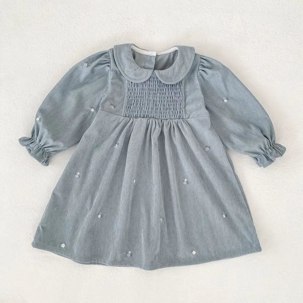 

baby girl clothes girls dresses Blue small flower embroidered dress, spring long sleeved dress