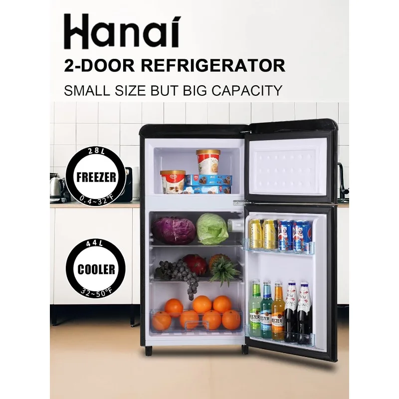 ثلاجة WANAI المدمجة 3.5 قدم مكعب، ثلاجة صغيرة ريترو مع فريزر، ثلاجة صغيرة ببابين مع 7 أوضاع لدرجة الحرارة، أضواء LED، أسود #3