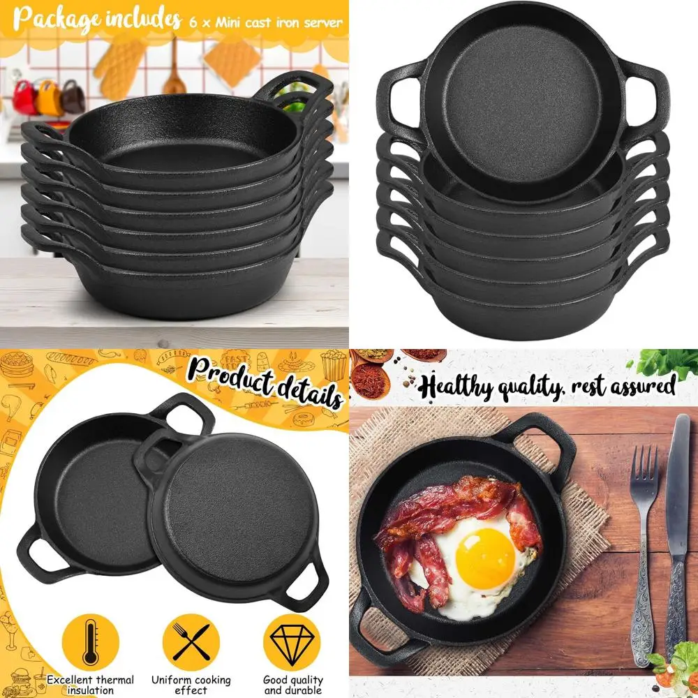 

Set of 6 Mini Cast Iron Skillets, 6.3 x 6.3 x 1.5, Small Ramekin Dishes, Black Casserole Pans, Oven Safe, Ideal for Kitchen and