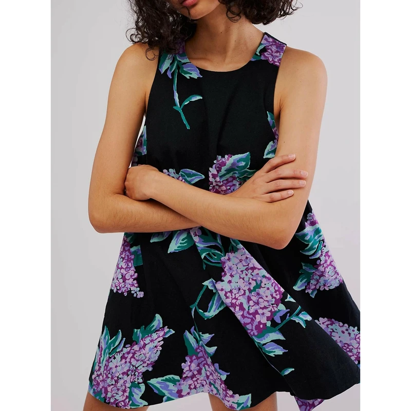 Minivestido corto holgado con estampado Floral Vintage Y2K para mujer, cuello redondo, sin mangas, con botones en la espalda y agujero recortado, corte en A, verano