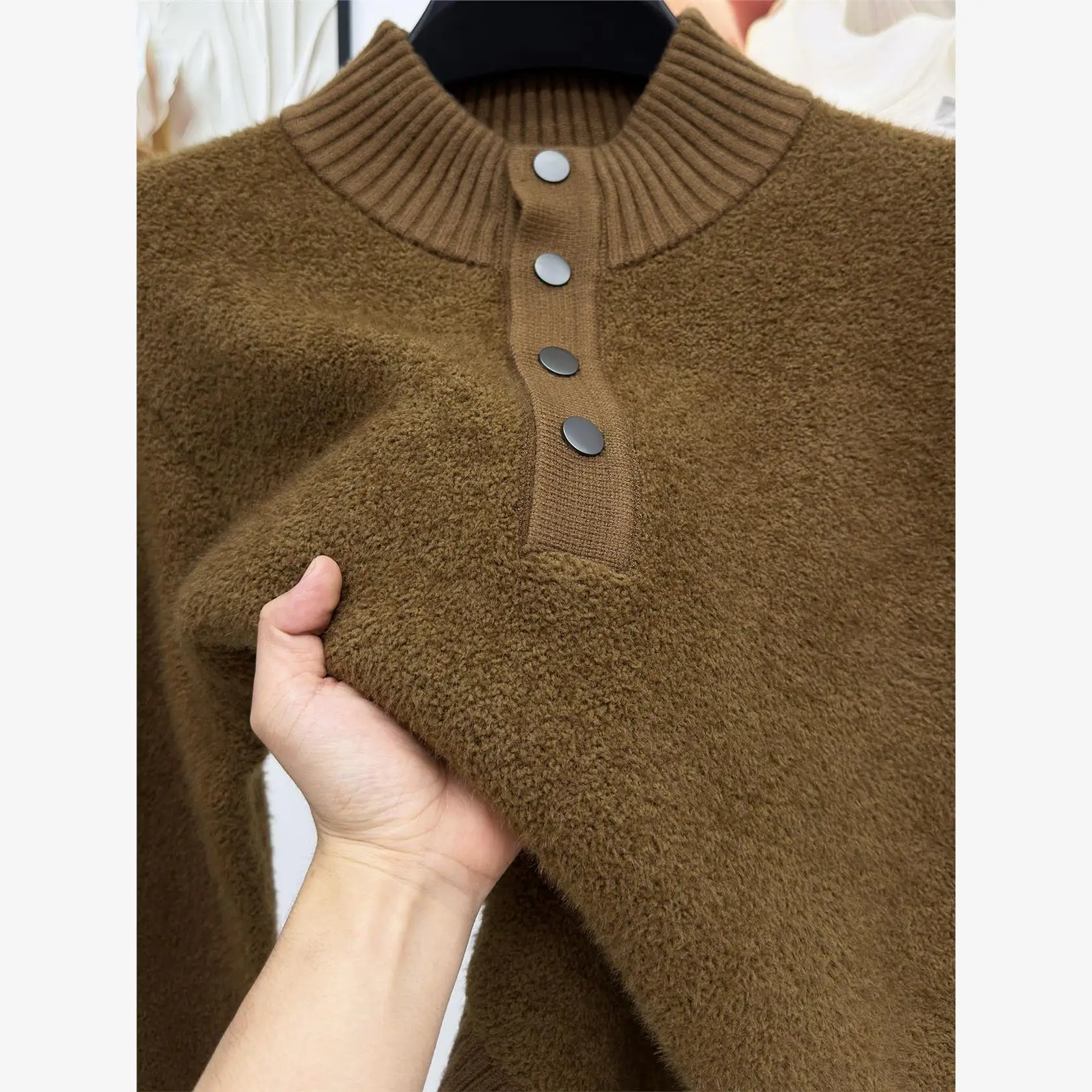 

Мужской зимний утепленный вязаный свитер однотонного цвета, теплый базовый слой, высококачественный флис из овечьей шерсти, зимняя одежда, футболка-топ