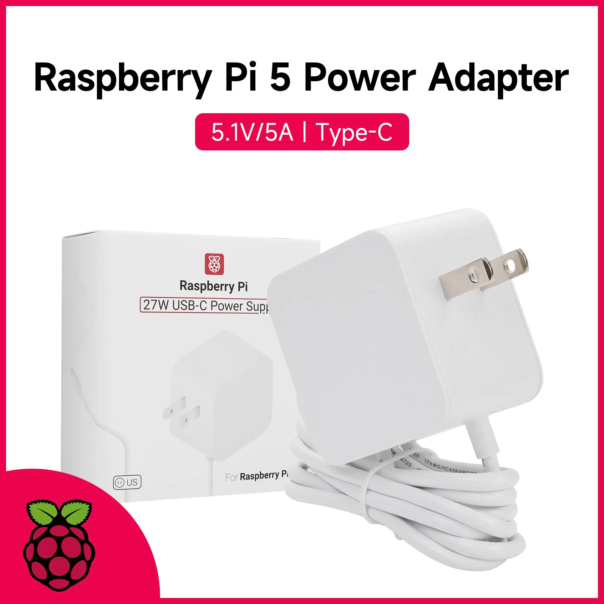 Raspberry Pi 5 Power Supply Type-C USB-C 5A 27W With 1.2M Cable US Plug 100 – 240Vac 9V/3A 12V/2.25A 15V/1.8A for Raspberry Pi 5