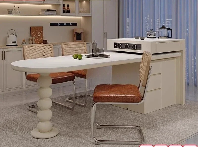 A French cream wind retractable island table integrated multi-function