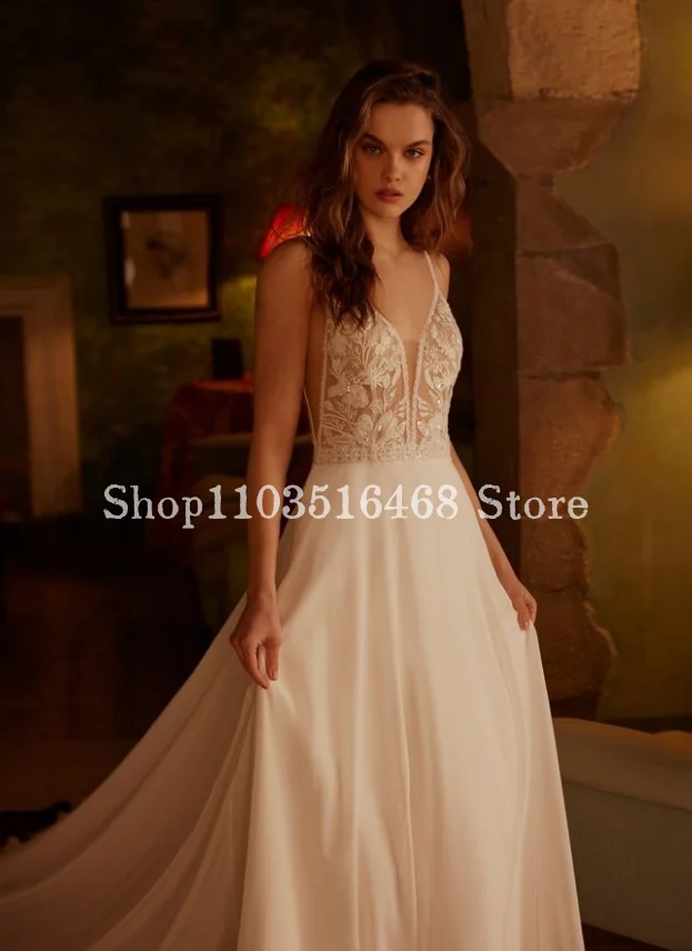 Gaun pernikahan seksi 2024 elegan tali Spaghetti Applique Bohemian Satin panjang lantai gaun pengantin Vestidos Para Mujer