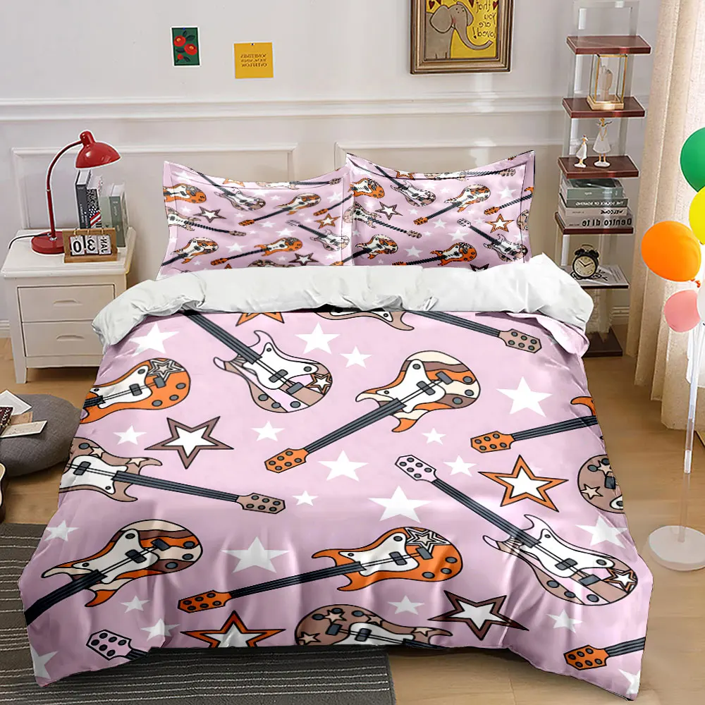 Guitar and Star Patterned Background Print Bedding Set 1Duvet Cover 2 Pillowcases for Adult and Children Luxury Gift Full Size