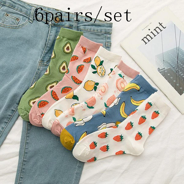 6 Pairs/Set Women Funny Socks Spring Autumn Cartoon Socks Lemon Watermelon Peach Strawberry Banana Cotton Harajuku Casual Socks