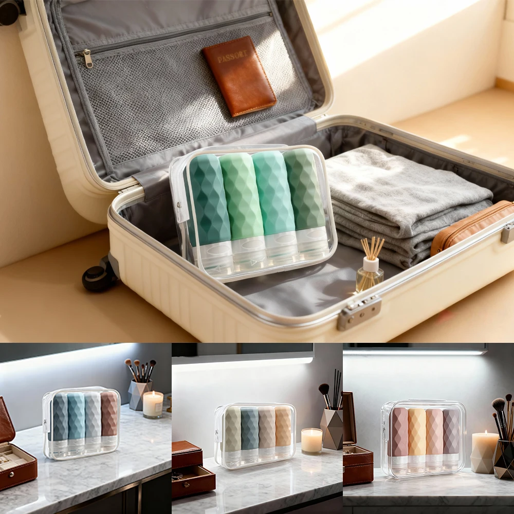 زجاجات ضغط للسفر من السيليكون مكونة من 4 قطع - موزع مانع للتسرب لغسول الشامبو وغسول الجسم، وحاويات تخزين مدمجة لـ Busi #1