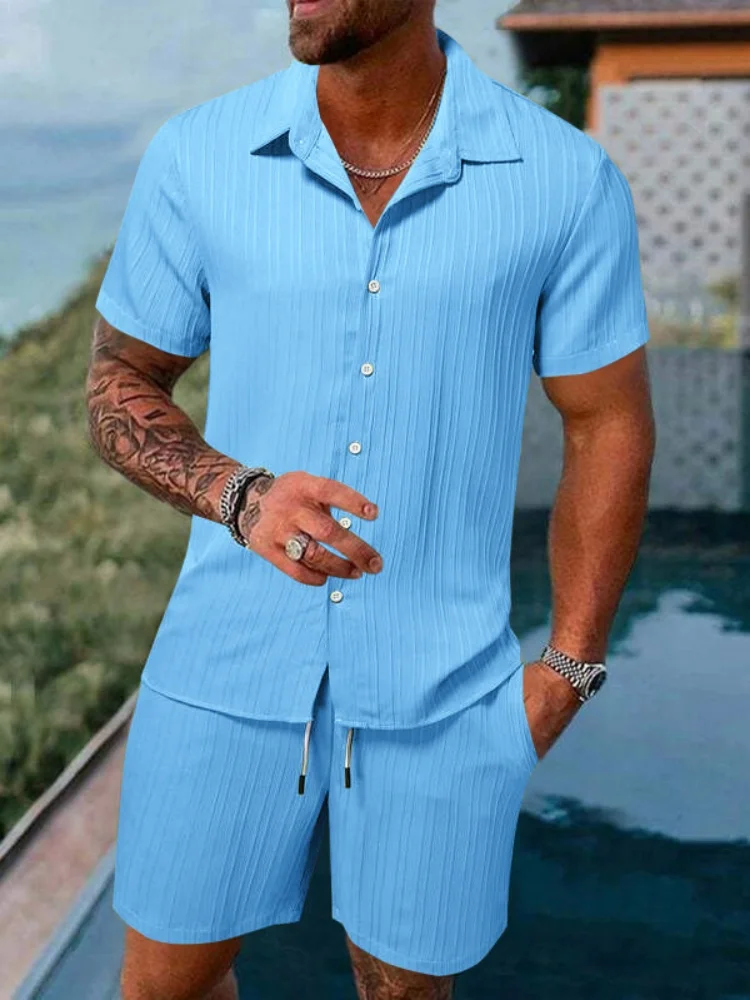 2024 camisa colorida de verano con solapa jacquard a rayas con botones para hombre, pantalón corto informal a la moda, pantalones cortos de manga, traje de playa