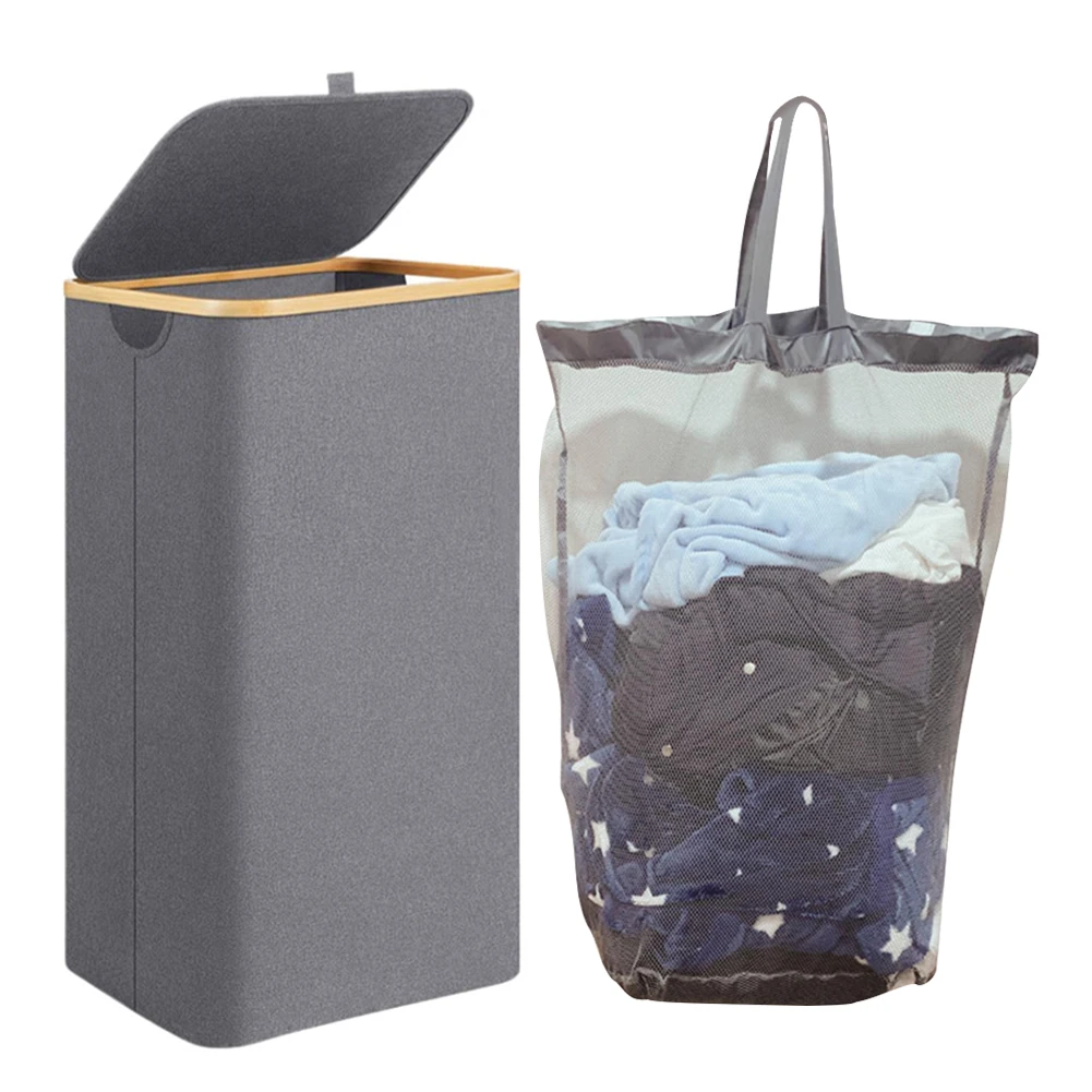 سلة غسيل للملابس القذرة ، حقيبة قابلة للطي ، حقيبة داخلية قابلة للفصل مع غطاء ، مقابض من الخيزران ، حاوية الحمام ، 100L #1