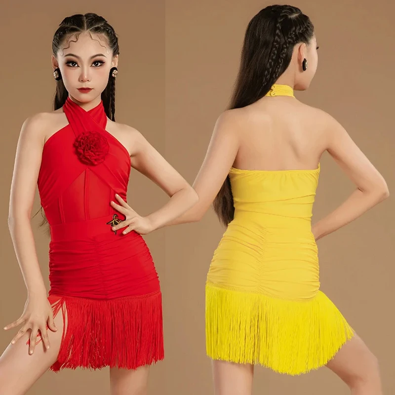 

Kids Chacha Latin Dance Competition Dresses Girls Halter Latin Dance Fringed Dress Stage Performance Clothes Party Wear