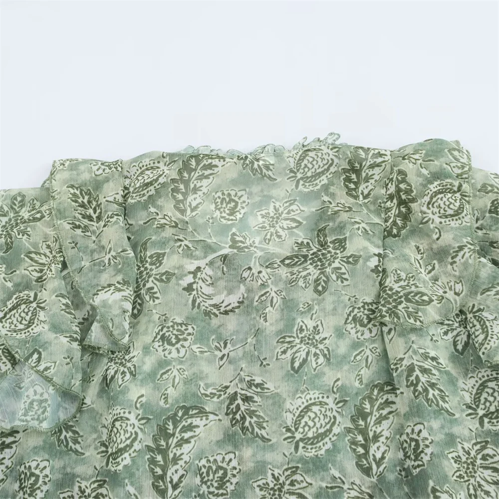 قميص نسائي مطبوع بطبقات مزخرفة مع زخرفة بأربطة لملابس نسائية جديدة للربيع والصيف