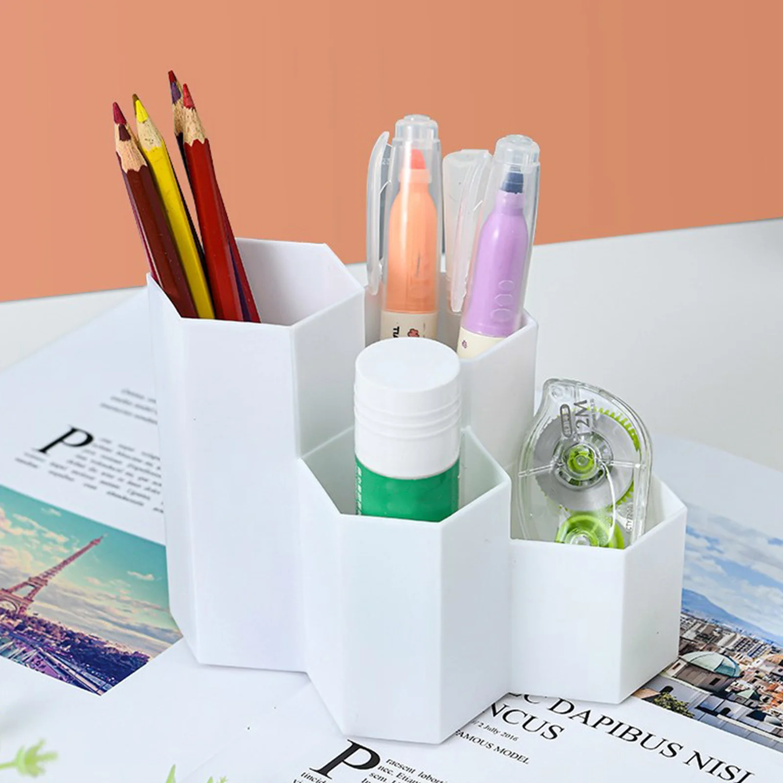 1Pcs Hexagonal Pen Holder Desktop Storage Box with 4 Grid Compartments for Office Stationery Organizer