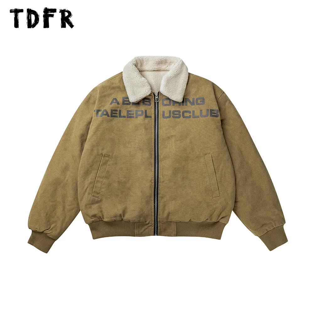 Letter Print Cargo Sherpa Jacket Mens Retro Streetwear Winter Warm Thick Lapel Long Sleeve Detroit Jacket Men