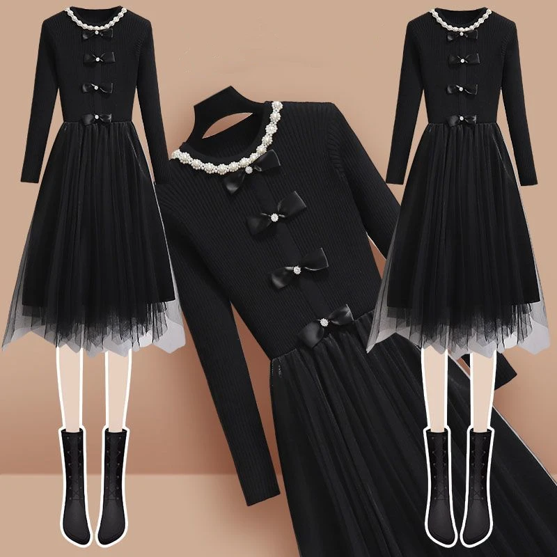 

2023 Autumn Winter New Sweet Bowknot Knit Dress Korean Lady Graceful Pearl Black Slim Sweater Mesh Patchwork Bottoming Dresses
