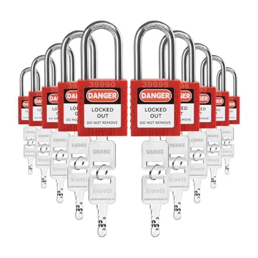 Lockout Tagout Locks Set - 10 Red Lockout Tagout Safety Padlock Keyed Different, 2 Keys Per Lock, OSHA Compliant Loto Locks for