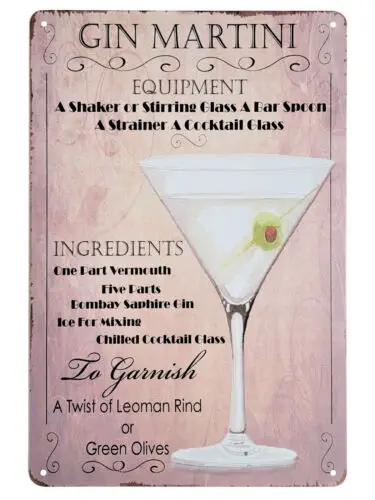 GIN MARTINI 12 x 8 Popular Cocktails and Drink Mix Recipes Menu Metal Sign