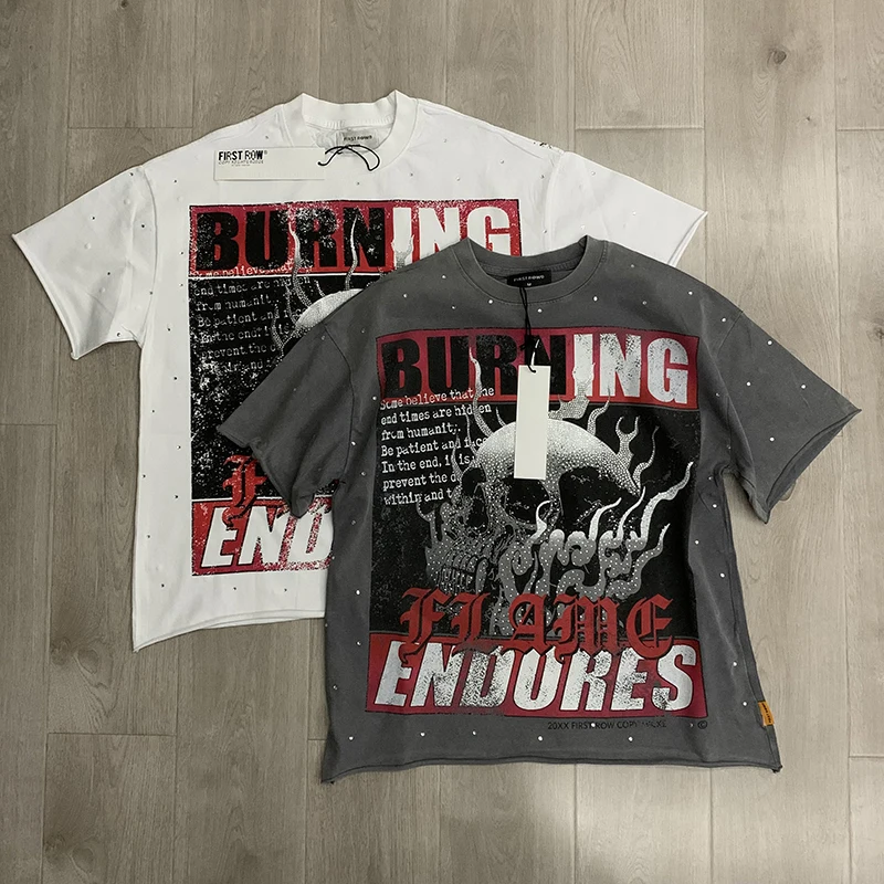 2026 FIRST ROW T-shirt BREAKING NEWS BURNING FLAMES CROPPED Fashion Hot Diamond Short-sleeved Shirts for Men Women
