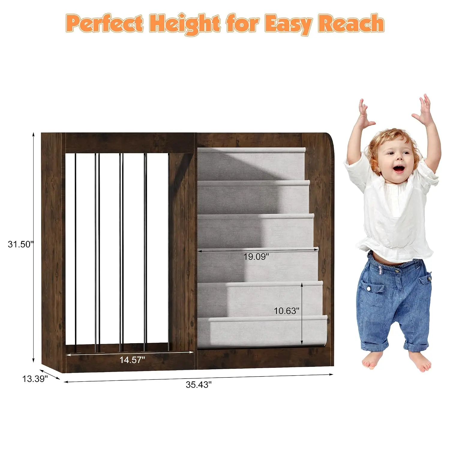 5-Tier Kids Bookshelf Toy Storage Net Holder Sling Walnut